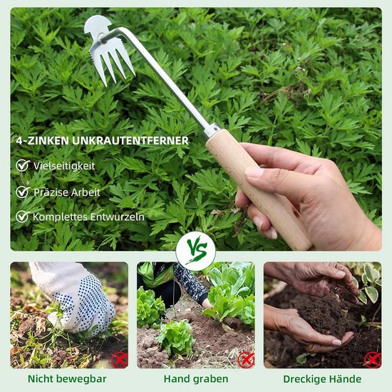 Onkruidtrekker - Onkruidverwijderaar - Onkruid Steker - rvs - 4-tandige onkruidsteker voor dubbel gebruik - Handmatig tuingereedschap met lange steel - houten handvat - Tuingereedschap - Geschenken van de tuinier — afbeelding 4