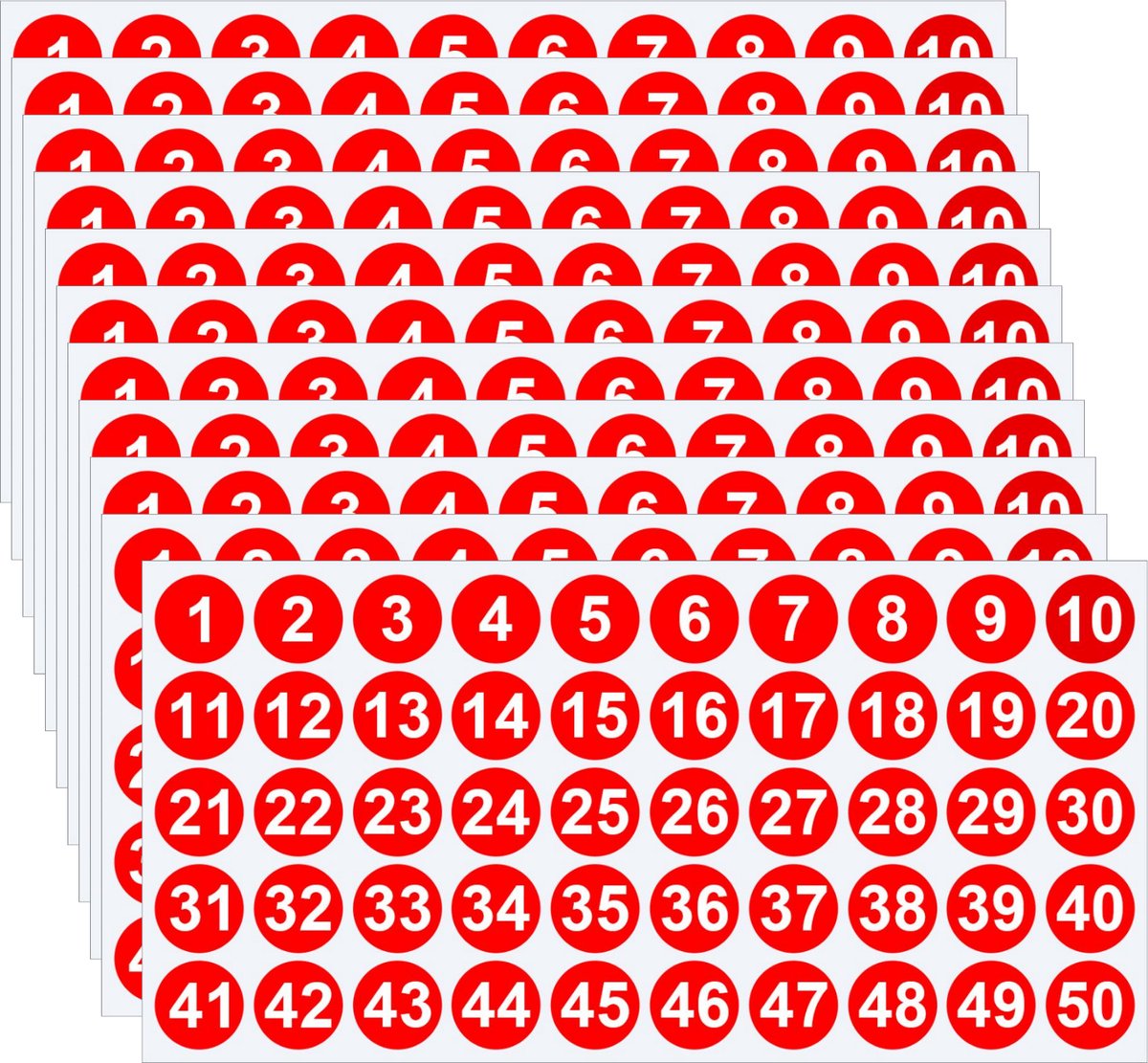 Cijfer Stickers rood 1 t/m 50 – 10 Vellen – Ronde Nummerstickers 1 cm – Zelfklevende genummerde Etiketten