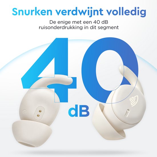 Twee witte draadloze oordopjes met siliconen oorhaken. Grote blauwe cijfers '40' en 'dB' benadrukken de ruisonderdrukking.