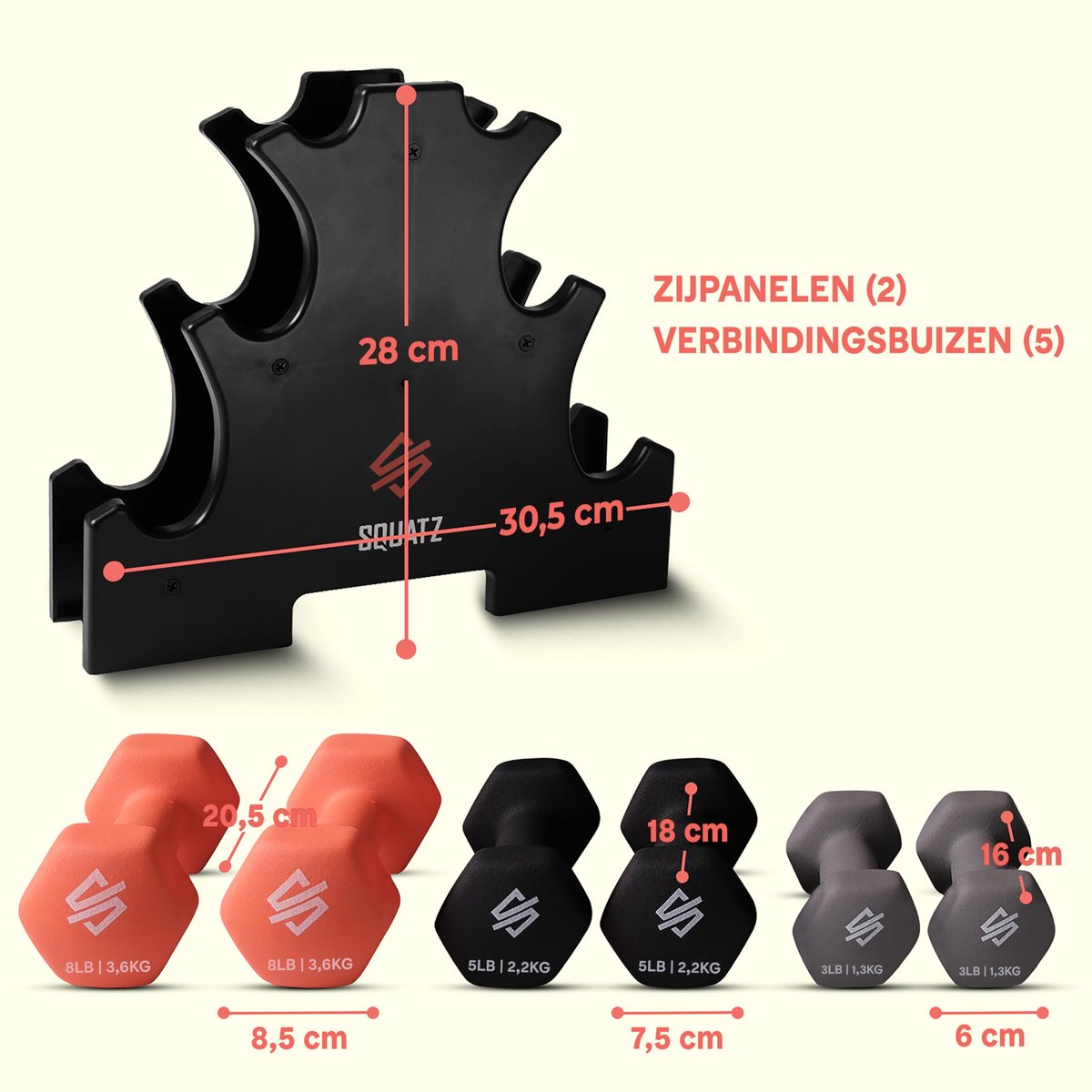 SnelShoppen - Haltergewichten Set 14,5 kg - Neopreen Gecoate Zeskant Gewichten in Grijs, Zwart en Oranje - Antislip en Rolhalters voor Fitness, Yoga,