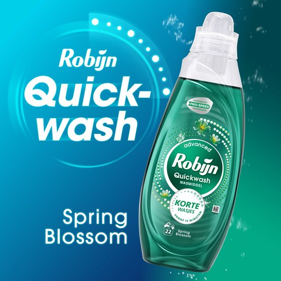 Fles Robijn Quickwash Spring Blossom wasmiddel met groene vloeistof. Tekst: 'Robijn Quick-wash Spring Blossom'.