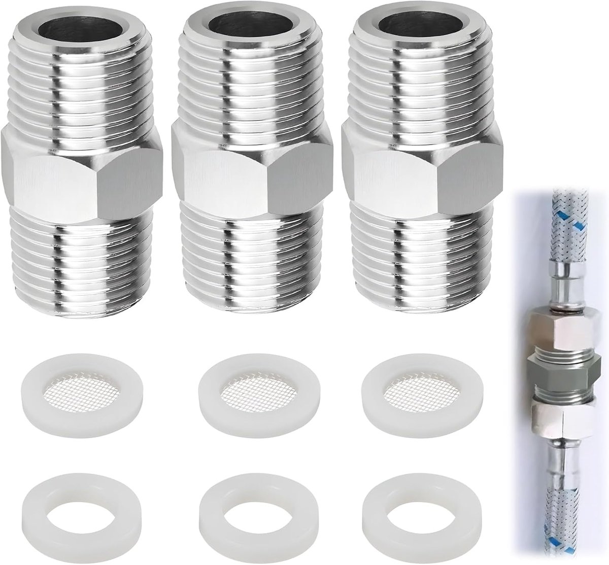 SnelShoppen - 3-delige 1/2 inch Douche Slang Verlenging met 3 Seals en 3 Filter Seals, Dubbele Nippel Adapter voor Douche, Kraan en Sanitair
