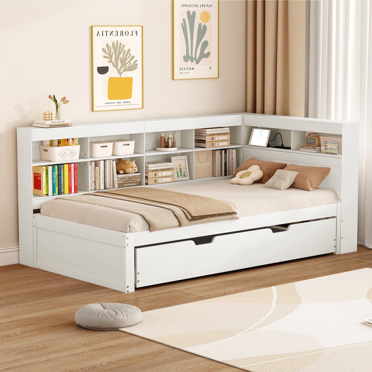Wishdor – Slaapbankbed 90x200 cm – Met Uitschuifbed & USB – Inclusief Opbergvakken – Warm & Flexibel – Grenenhout – Wit