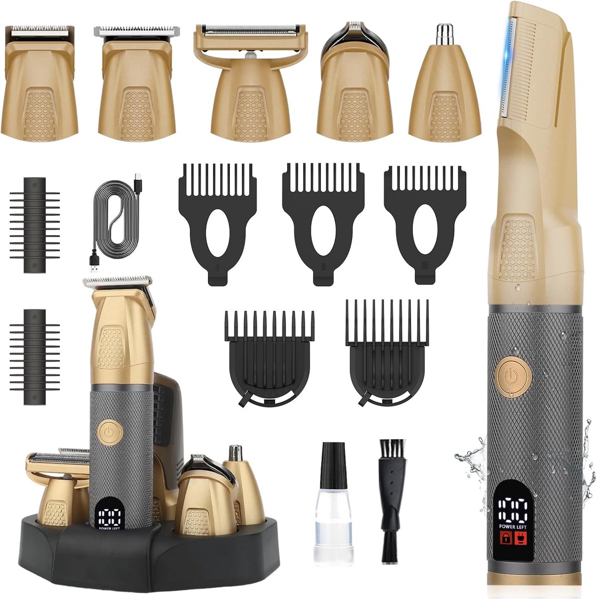 Waterdichte 6-in-1 trimmer voor mannen (gezicht, lichaam, baard en schaamstreek) | Glad en veilig trimmen zonder wondjes, opzetstuk voor neustrimmer, led-scherm, oplaadbaar via USB-C-dock, complete verzorgingsset voor op reis