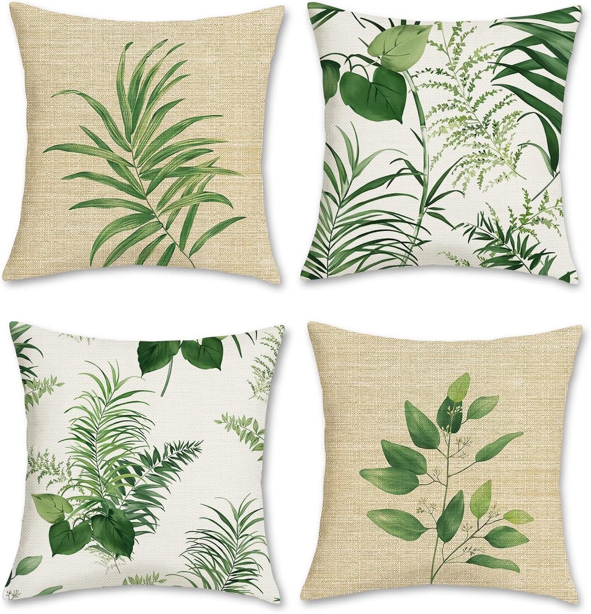 SnelShoppen - Set van 4 Dubbelzijdige Botanische Kussenhoezen 45x45 cm - Groene Bladeren - Polyester Linnen - Decoratief voor Sofa, Patio, Tuin, Buite