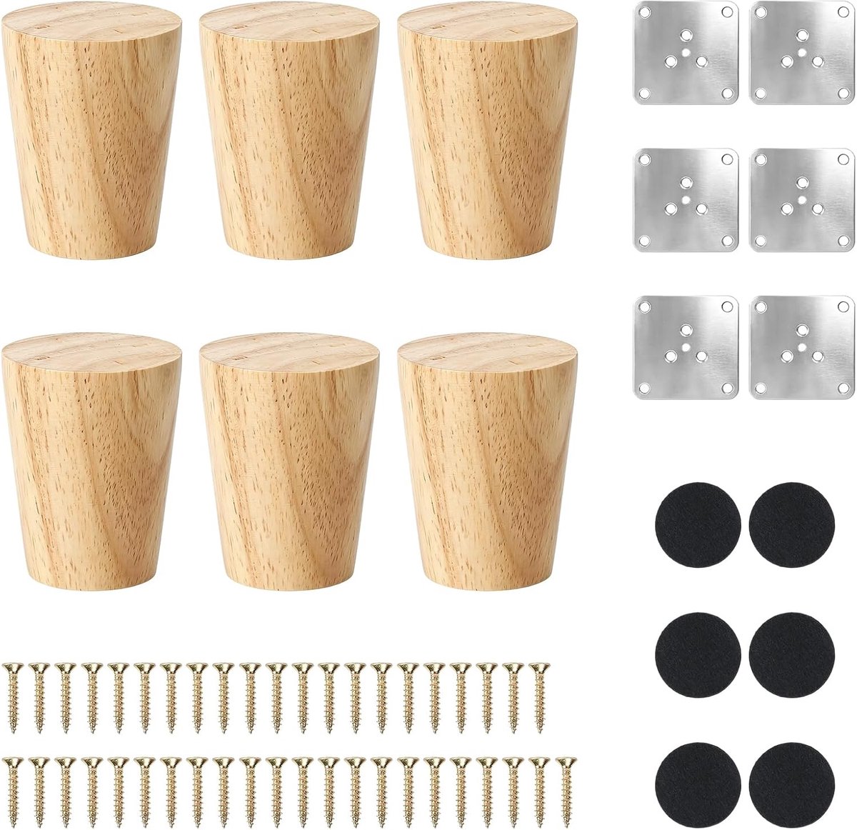 SnelShoppen - 6 stuks 6 cm Houten Tafelpoten, Ronde Massief Houten Meubelpoten, Houtkleur, Ideaal voor Bed, Stoel, Tafel, Meubels, Inclusief Montagepl