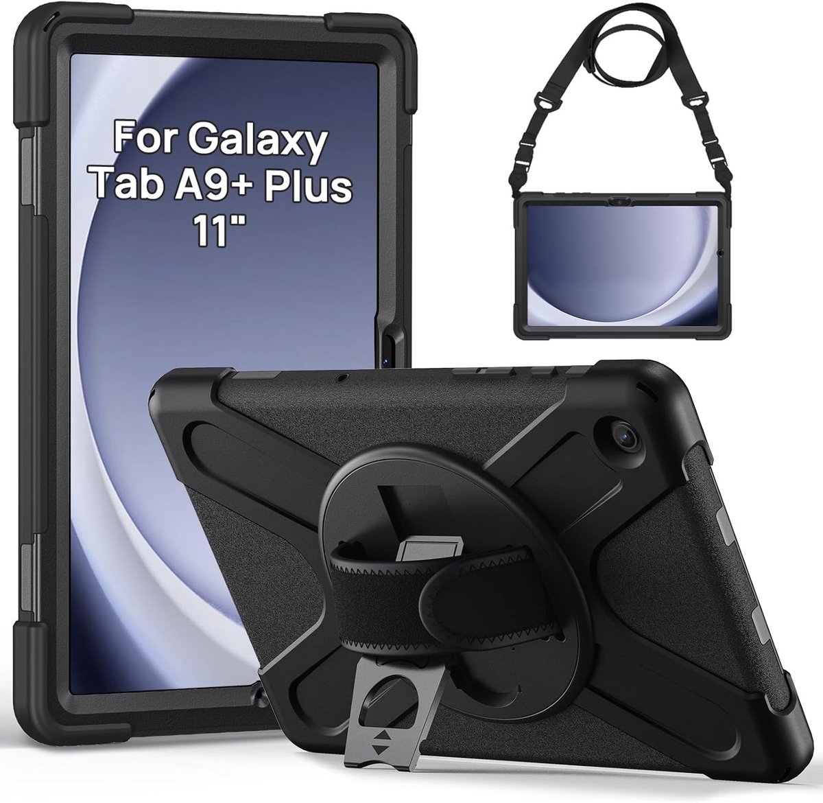 SnelShoppen - Rugged Protective Case voor Samsung Galaxy Tab A9 Plus 11 Inch 2023 - 360 Graden Draaibare Stand, Polsband en Verstelbare Schouderriem -