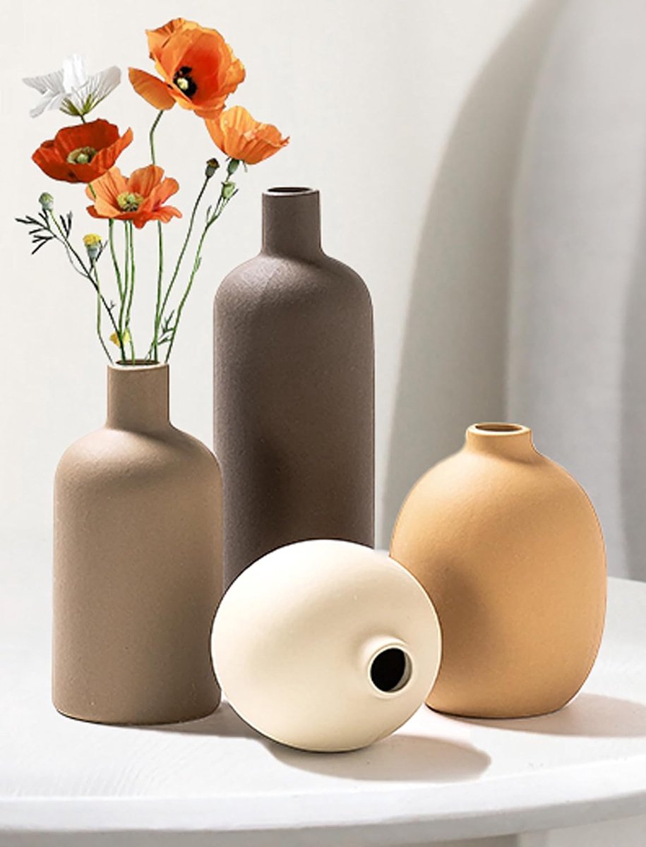 SnelShoppen - Set van 4 Elegante Keramische Vazen voor Tafeldecoratie, Kleine Vazen voor Pampas Gras, Donkerbruin, Bruin, Oranje, Wit - Perfect voor F