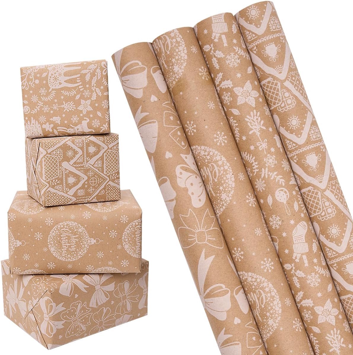 SnelShoppen - Kraft Kerstcadeau Inpakpapier Rol - 4 Rollen Recyclebaar Feestelijk Ontwerp - 43cm x 3m voor Kerst, Verjaardag en Thanksgiving