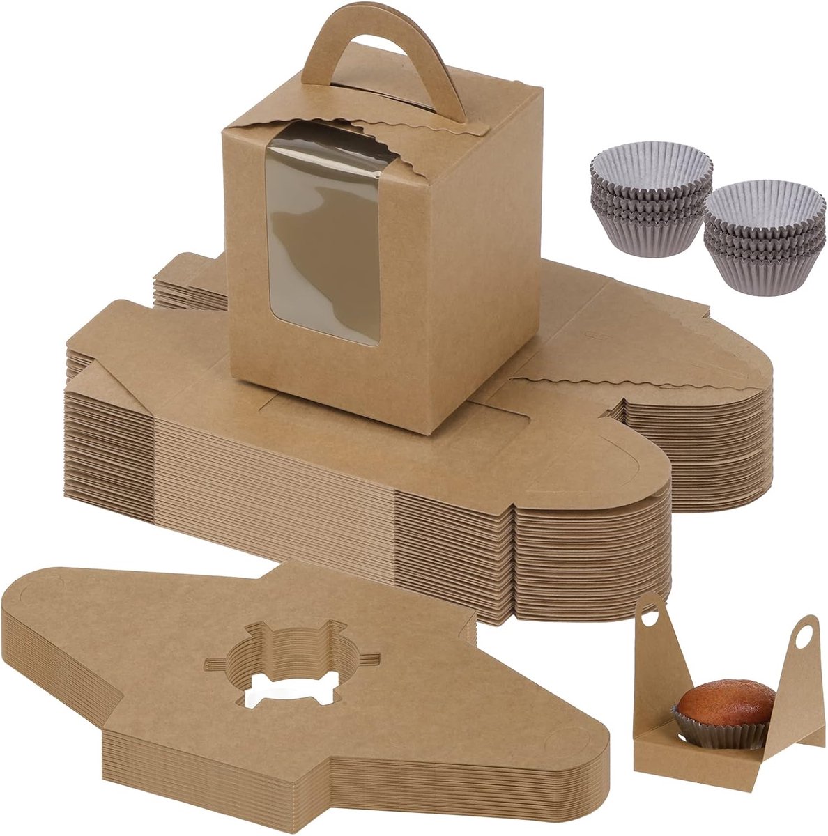 SnelShoppen - 50 Stuks Individuele Cupcake Dozen met 100 Stuks Papieren Cupcake Mallen, Bruine Dozen met Venster, Kleine Taartdozen voor Verjaardagen,