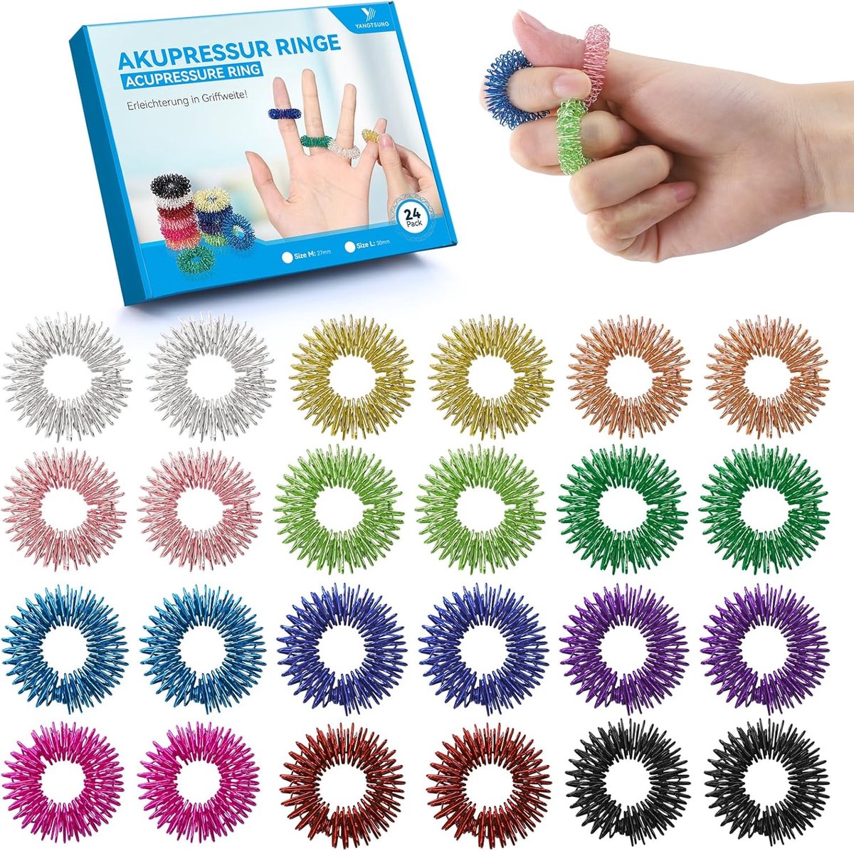 SnelShoppen - Acupressure Ringen - 24 Stuks 27mm Sensory Finger Ringen met Spikes voor Stressverlichting, Bloedcirculatie en Vinger Massage voor Kinde