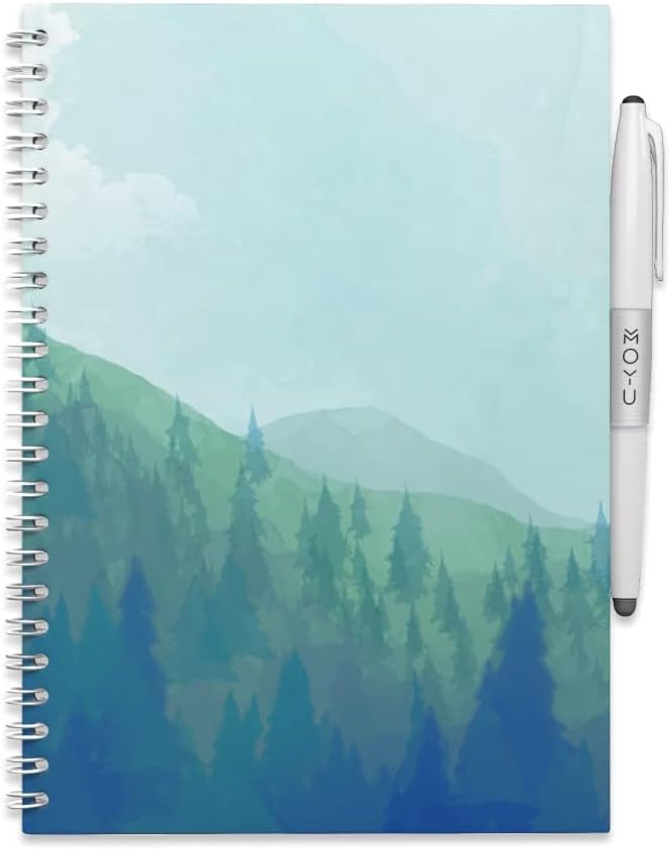 SnelShoppen - Erasable Notebook A5 Misty Mountain - Herbruikbaar tot 500x - Inclusief uitwisbare pen, penhouder en doekje - Milieuvriendelijk steenpap