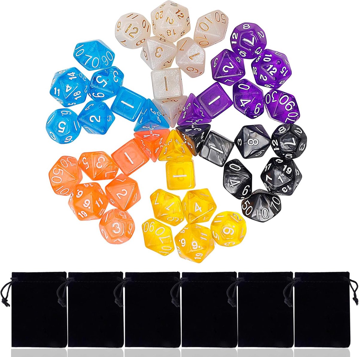 SnelShoppen - 42 Polyhedral Dice voor RPG Dungeons Dragons Pathfinder Bordspel met 6 Velvet Tassen - Duurzaam, Kleurvol, Perfect Gewogen en Draagbaar