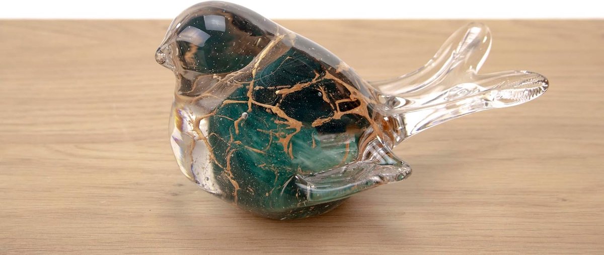 SnelShoppen - Mini urn Vogel met Vleugels Groen met Goudblad - Handgemaakte Glazen Huisdier Urn voor Honden en Katten - Crematie Herinnering