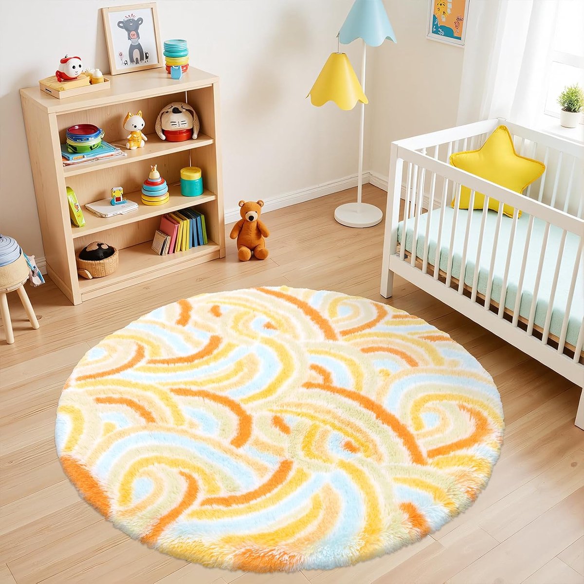 SnelShoppen - Hoogpolig Rond Tapijt Wasbaar - Pluizige Regenboogpatroon - Antislip Kinderkamer & Woonkamer - Zacht Oranje 120 cm
