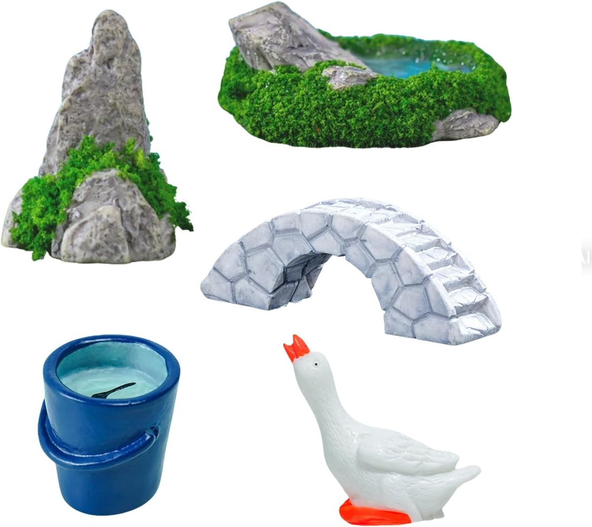 SnelShoppen - 5pcs Miniatuur Landschapsdecoratie met Kunststeen, Heuvels, Steenbrug, Witte Ganzen en Emmer voor Zen Tuin, Aquariums en Bonsai - Hoogwa