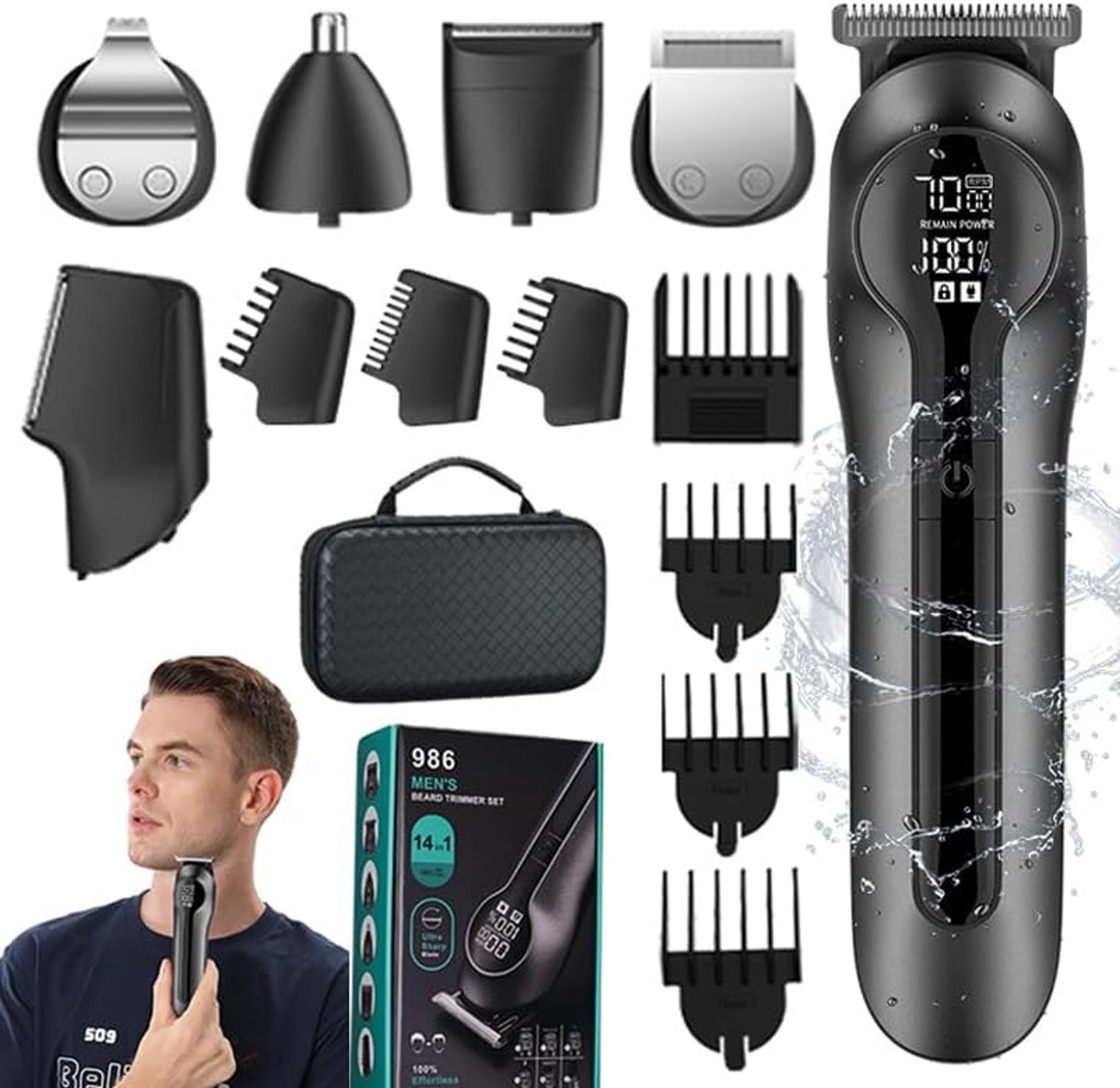 Baardtrimmer voor mannen – Elektrisch scheerapparaat, draadloze tondeuse- en trimmerset, 14-delige verzorgingsset voor gezicht, snor en lichaam, inclusief oor- en neustrimmer – Cadeau voor mannen