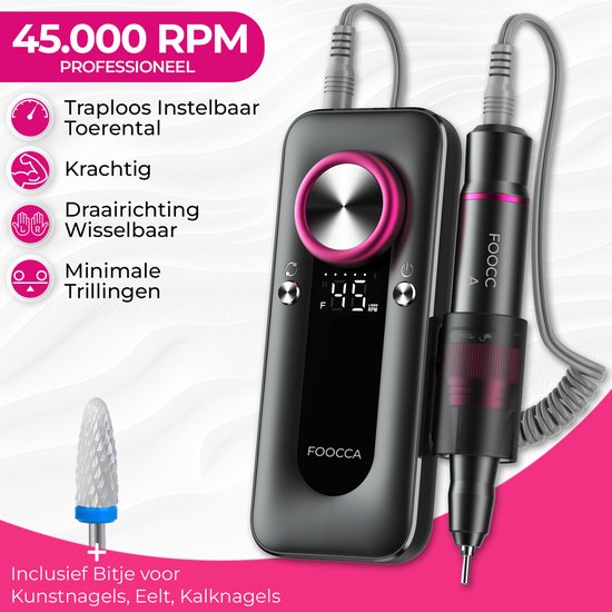 Zwarte FOOCCA nagelfrees met roze accenten, digitaal display, en diverse bitjes. 45.000 RPM, instelbaar toerental.