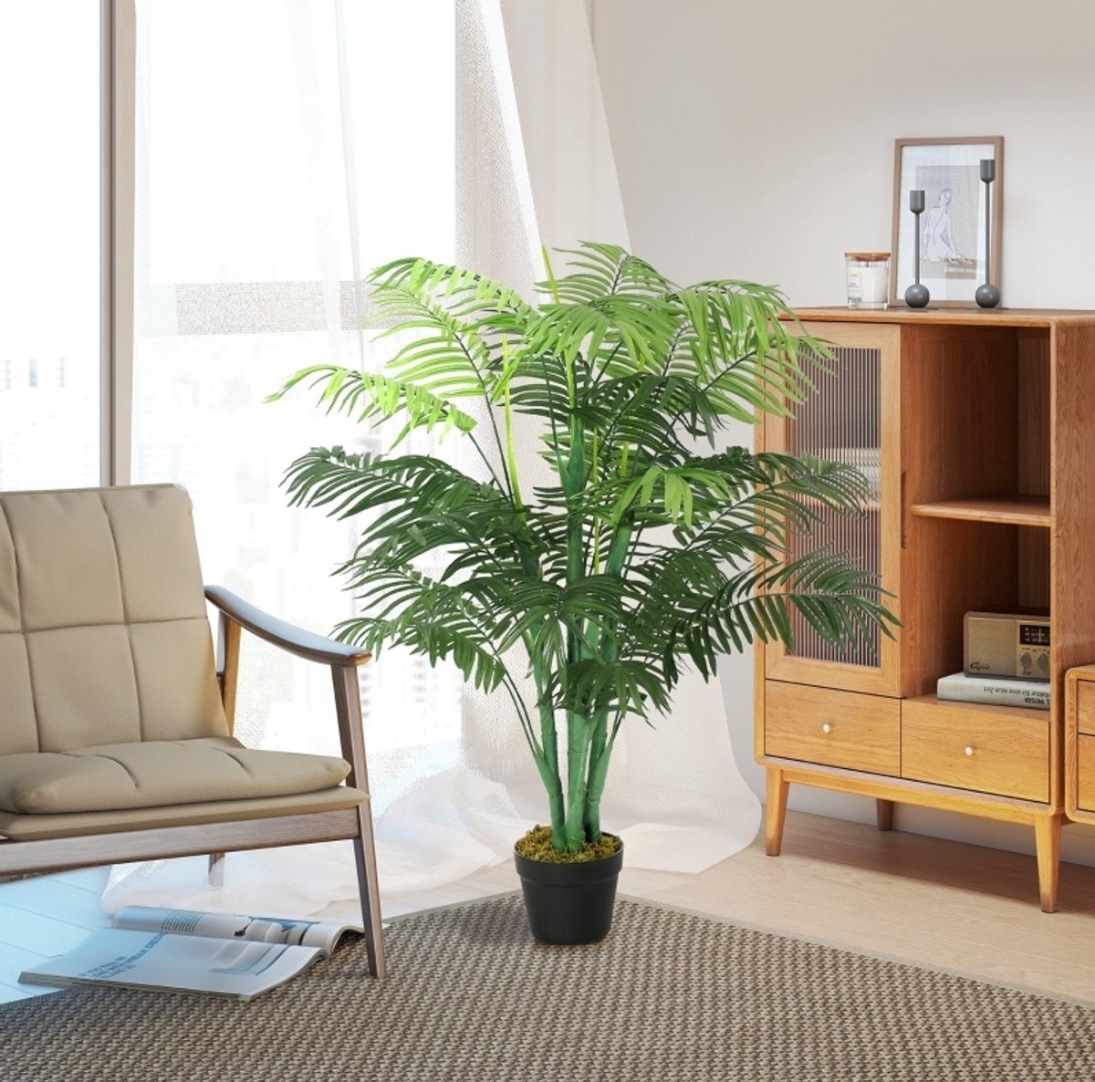 COVREO Kunstplant palm 125 cm - groen kunststof, in zwarte pot, 18 palmenwedels