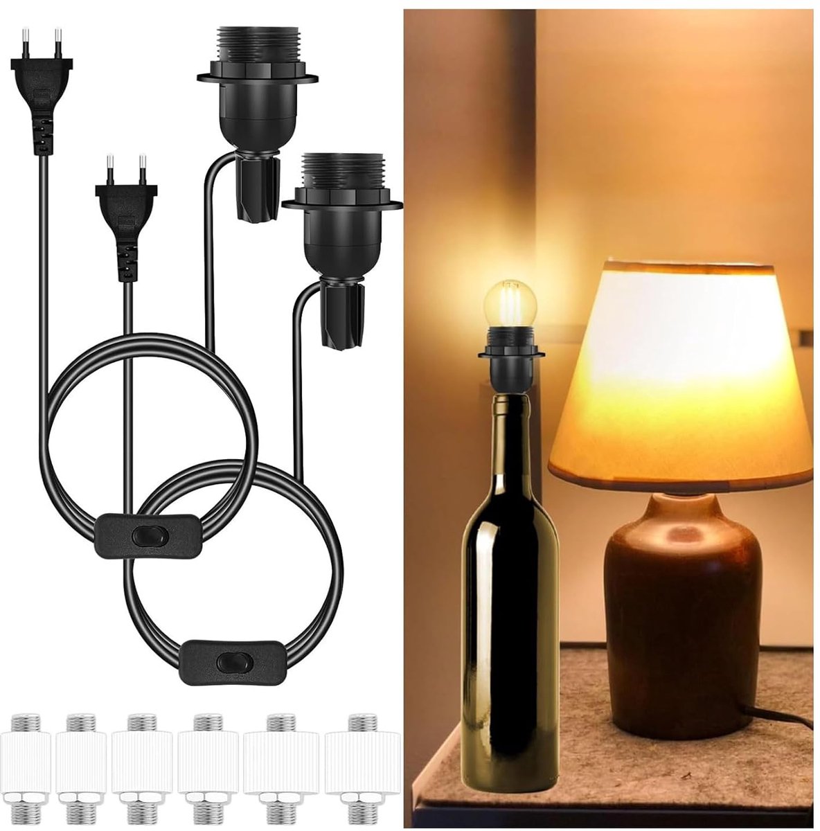 SnelShoppen - 2 Stuks Lampenhouder Fles E27 met Schakelaar, 1.8m Kabel, Max. 60W, DIY Kit, Flesadapter E27, Zwart voor Creatieve Verlichting in Huis