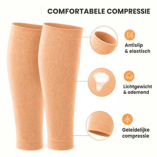 Twee beige kuitcompressiemouwen worden getoond met details over hun antislip, lichtgewicht en ademende eigenschappen.