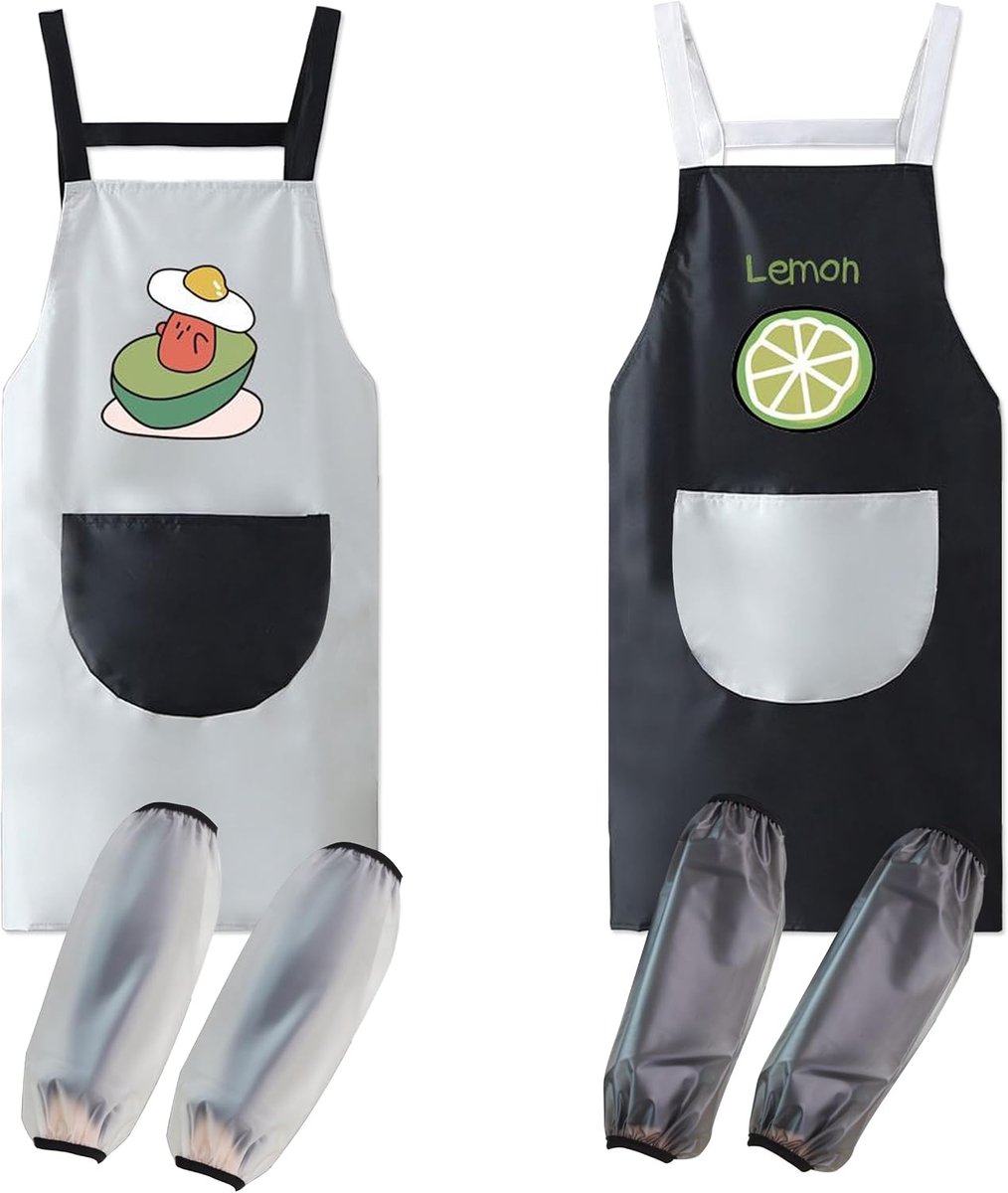SnelShoppen - 2-delige Keuken Schort Set met Zakken en 2 Paar Mouwbeschermers, Verstelbaar Keuken Schort voor Mannen en Vrouwen, Koken, Bakken, Grille