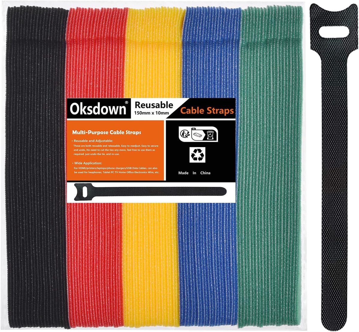 SnelShoppen - 100 Stuks Herbruikbare Kabelbinders - Multi-Kleurige Verstelbare Klittenband Kabels - Nylon Cable Ties voor PC Kabelbeheer, 5 Kleuren, I