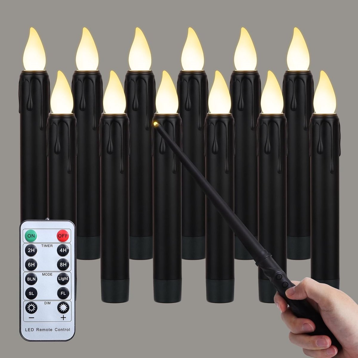 SnelShoppen - 12 Pcs Drijvende LED Kaarsen Zwart met Afstandsbediening en Timer - Warm Witte Flikkerende Buitenkaarsen 17cm - Waterdicht voor Tuin, Fe