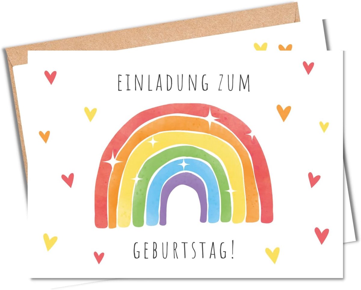 SnelShoppen - 10 Kinder Verjaardagsuitnodigingen, Leuke Kaarten voor Jongens en Meisjes, Regenboog Thema, Inclusief 10 Enveloppen, Premium Kwaliteit,