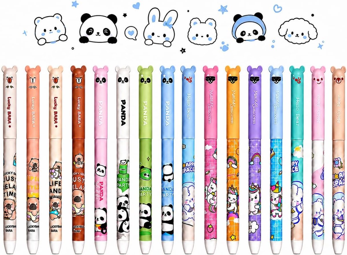 SnelShoppen - 16 Uitwisbare Gelpennen met Diermotieven, Kawaii Schrijfpennen voor Kinderen, 0,5 mm, Thermisch Uitwisbaar met Gum, Panda, Eenhoorn, Wol
