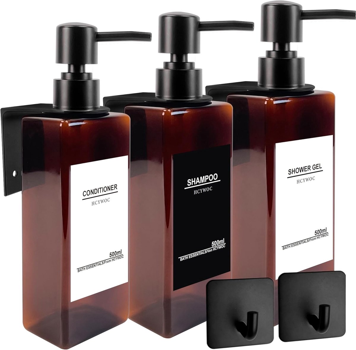 SnelShoppen - Shampoo en Conditioner Dispenser met 16 Waterdichte Labels, Geen Boren, 3 Compartimenten, 470 ml, Zwart, Ideaal voor Badkamer en Keuken