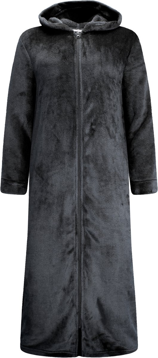 Extra Lange Dames Rits Badjas met Capuchon en Zijzakken - Ochtendjas - Superzacht Coral Fleece - Zwart - Maat S/M - 8206-Black