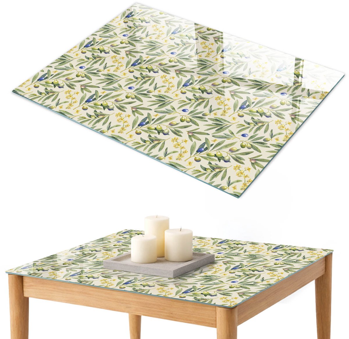 ArtPrintCave Olijfbladeren Glazen Tafelblad 100x70 cm - Tafelblad Rechthoek - Groente Keukentafel - Bloemen en planten Keukentafel