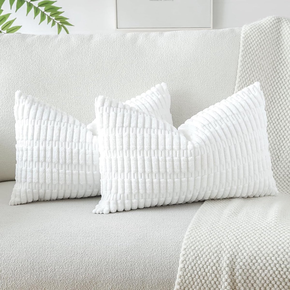 Zachte Corduroy Gestreepte Kussenhoezen 40x60cm Boho Decoratieve Kussenslopen voor Sofa en Slaapkamer - Set van 2 (Wit)
