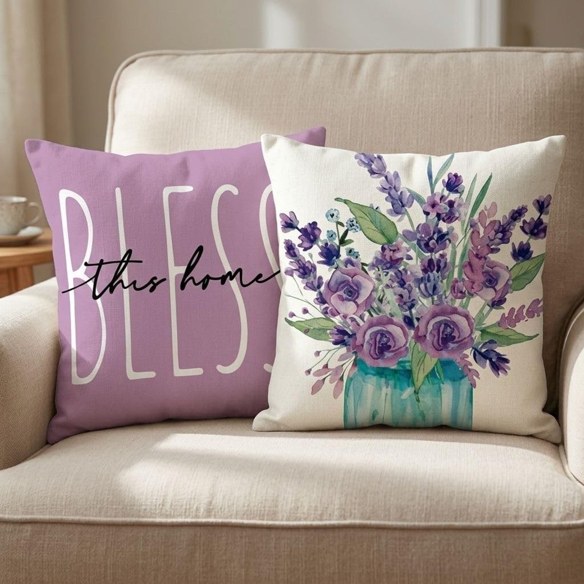 SnelShoppen - Kussensloop Set van 2 45x45 cm Lavendel en Wit Paars, Decoratieve Kussenhoes, Waterdicht, Buitenbank Kussen, Sierkussen voor Tuin en Bal