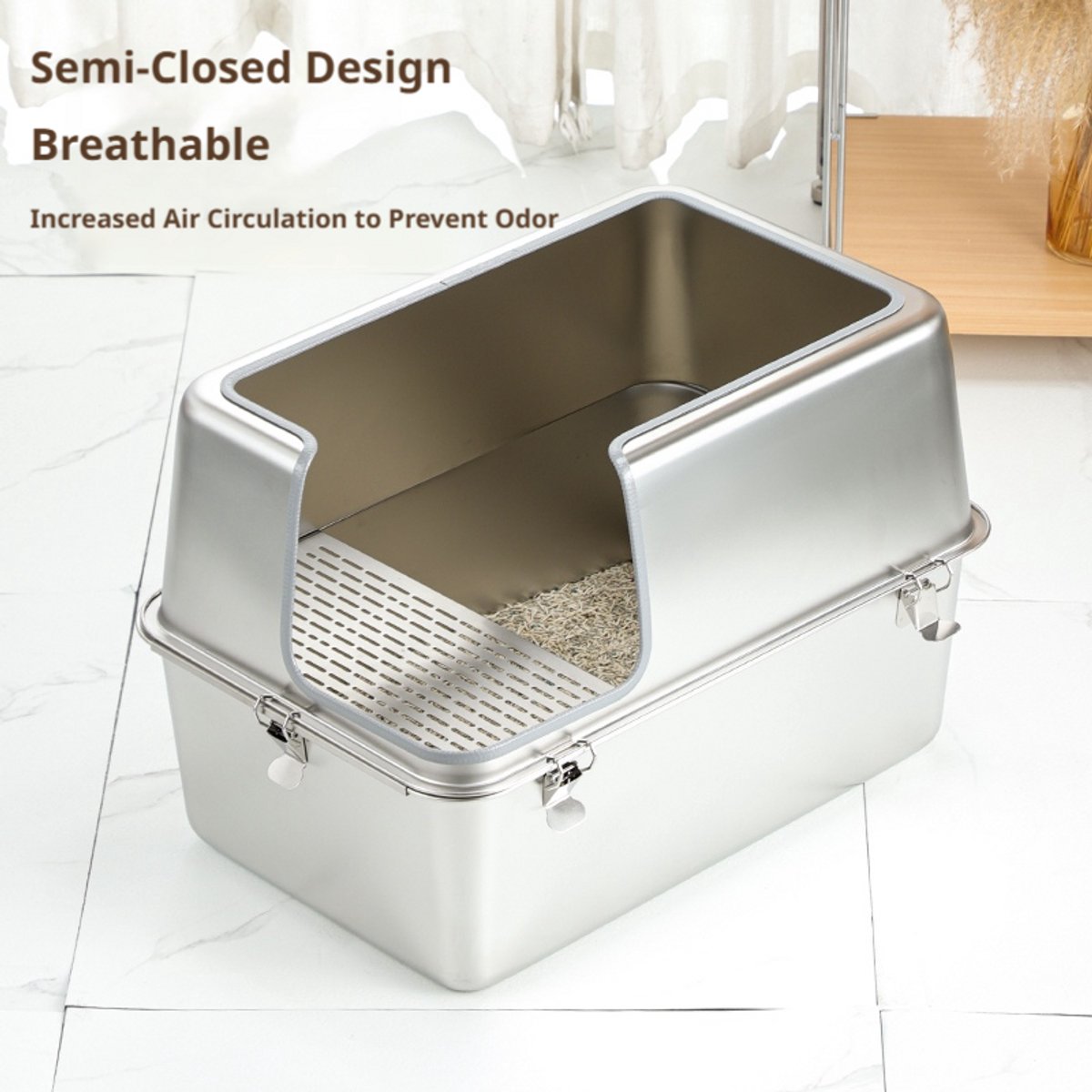 GYW Steel Litter Box- Kattenbak - Vol roestvrij staal - Open deksel- Kattenbak mat