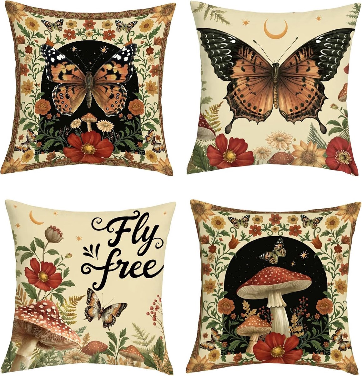 Mushroom en Vlinder Kussenhoezen 45 x 45 cm - Set van 4 Vintage Bosbloemen Kussens met Onzichtbare Rits voor Decoratie en Comfort