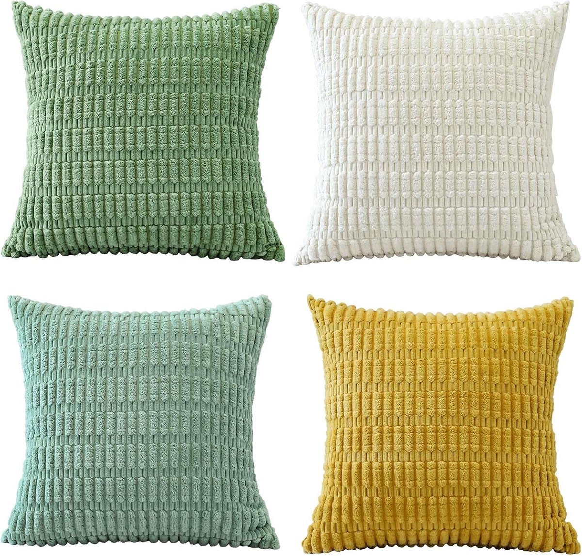 Set van 4 Zachte Corduroy Decoratieve Kussenhoezen 50x50cm, Vierkante Gestreepte Kussens voor Bank, Woonkamer en Bohemian Interieur in Groen, Geel en Wit