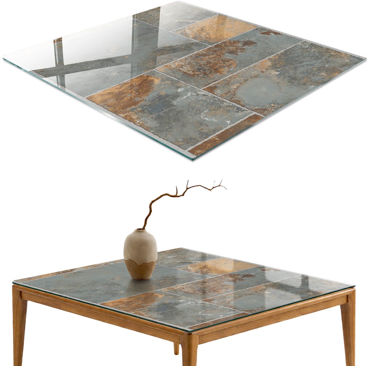 ArtPrintCave Rustieke tegels Glazen Tafelblad 60x60 cm - Tafelblad Rechthoek - Grijs Glazen Eettafel - Texturen Keukentafel