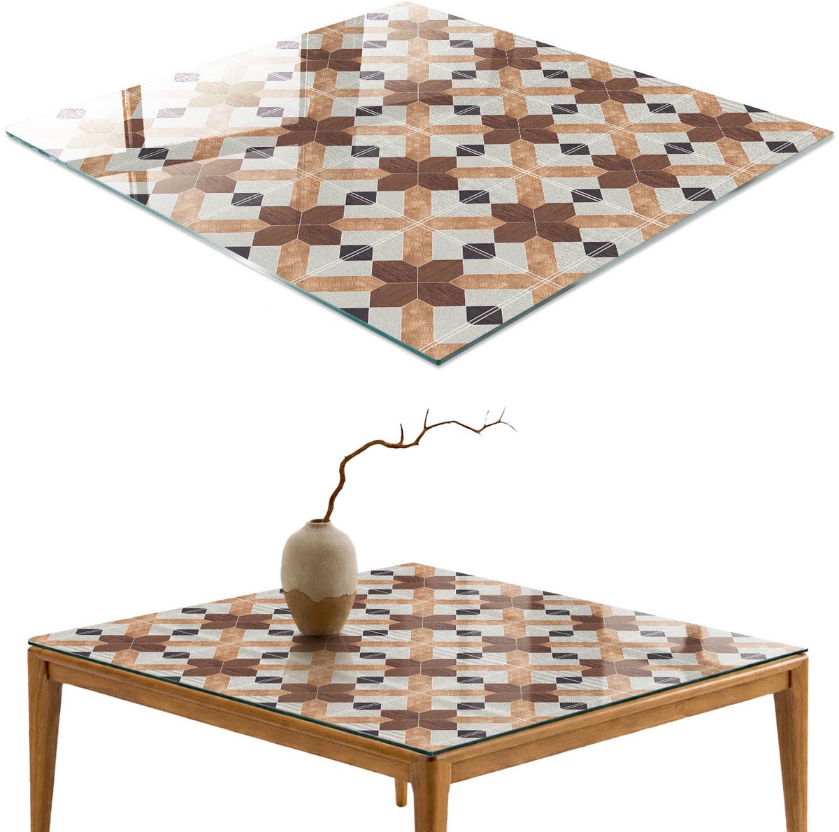 ArtPrintCave Geometrisch patroon Glazen Tafelblad 60x60 cm - Tafelblad Rechthoek - Bruin Glazen Eettafel - Achtergronden en patronen Tafelblad Glas