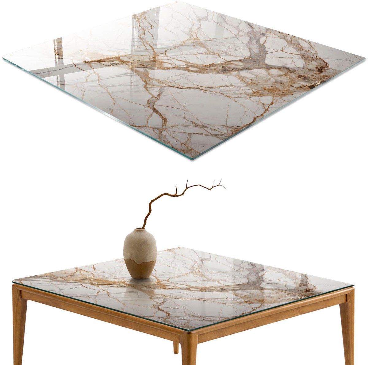 ArtPrintCave Marmeraders Glazen Tafelblad - 50x50 cm - Tafelblad Vierkanten - Beige Glazen Eettafel - Texturen Glazen Eettafel