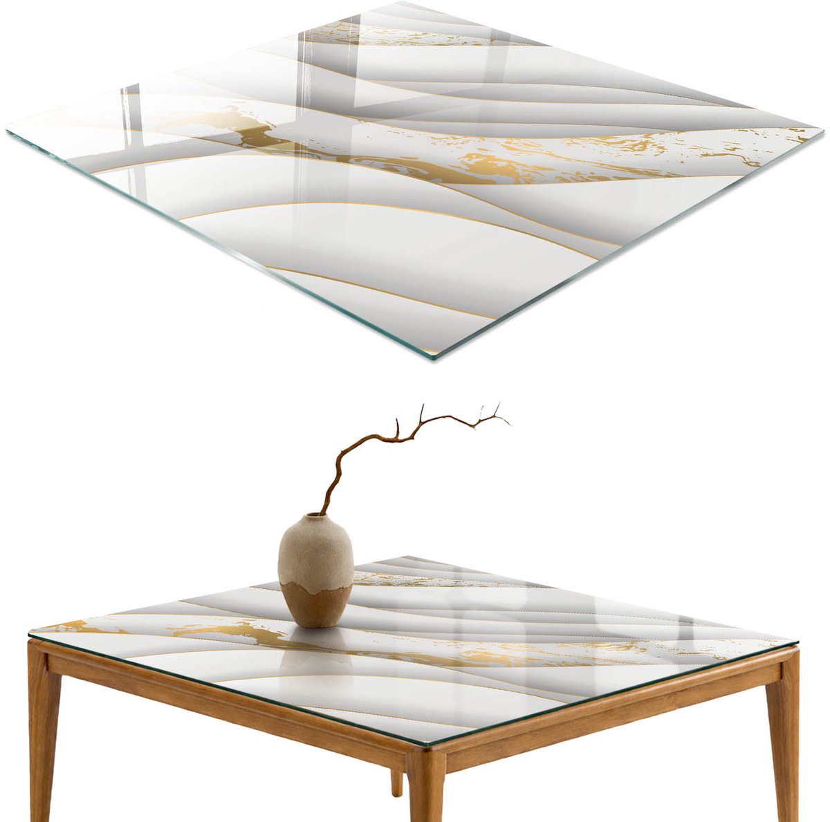ArtPrintCave Witte golven Glazen Tafelblad 60x60 cm - Tafelblad Rechthoek - Wit Keukentafel - Achtergronden en patronen Eettafel Met Glasplaat