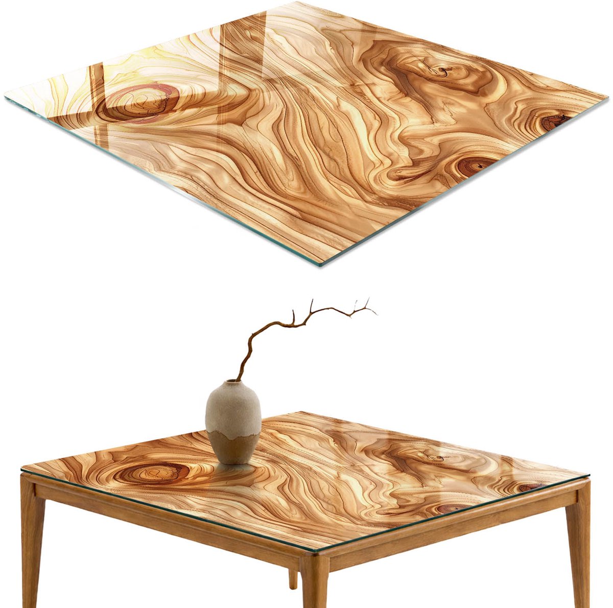 ArtPrintCave Houten golven Glazen Tafelblad - 50x50 cm - Tafelblad Vierkanten - Bruin Keukentafel - Texturen Keukentafel