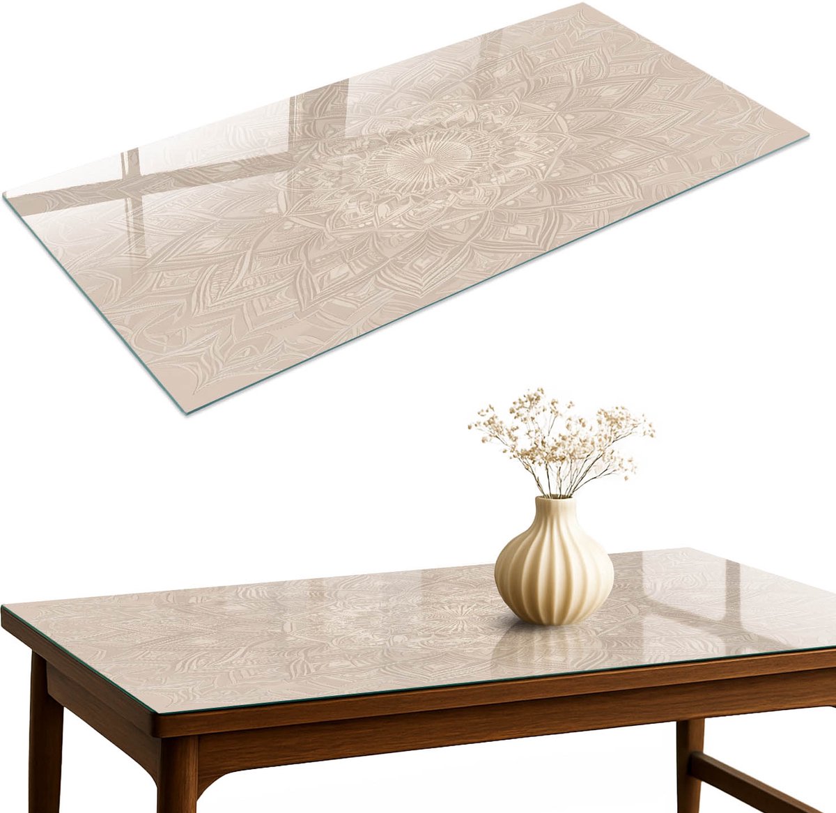 ArtPrintCave Beige mandala Glazen Tafelblad 120x60 cm - Tafelblad Rechthoek - Beige Bureaublad - Achtergronden en patronen Terrastafel