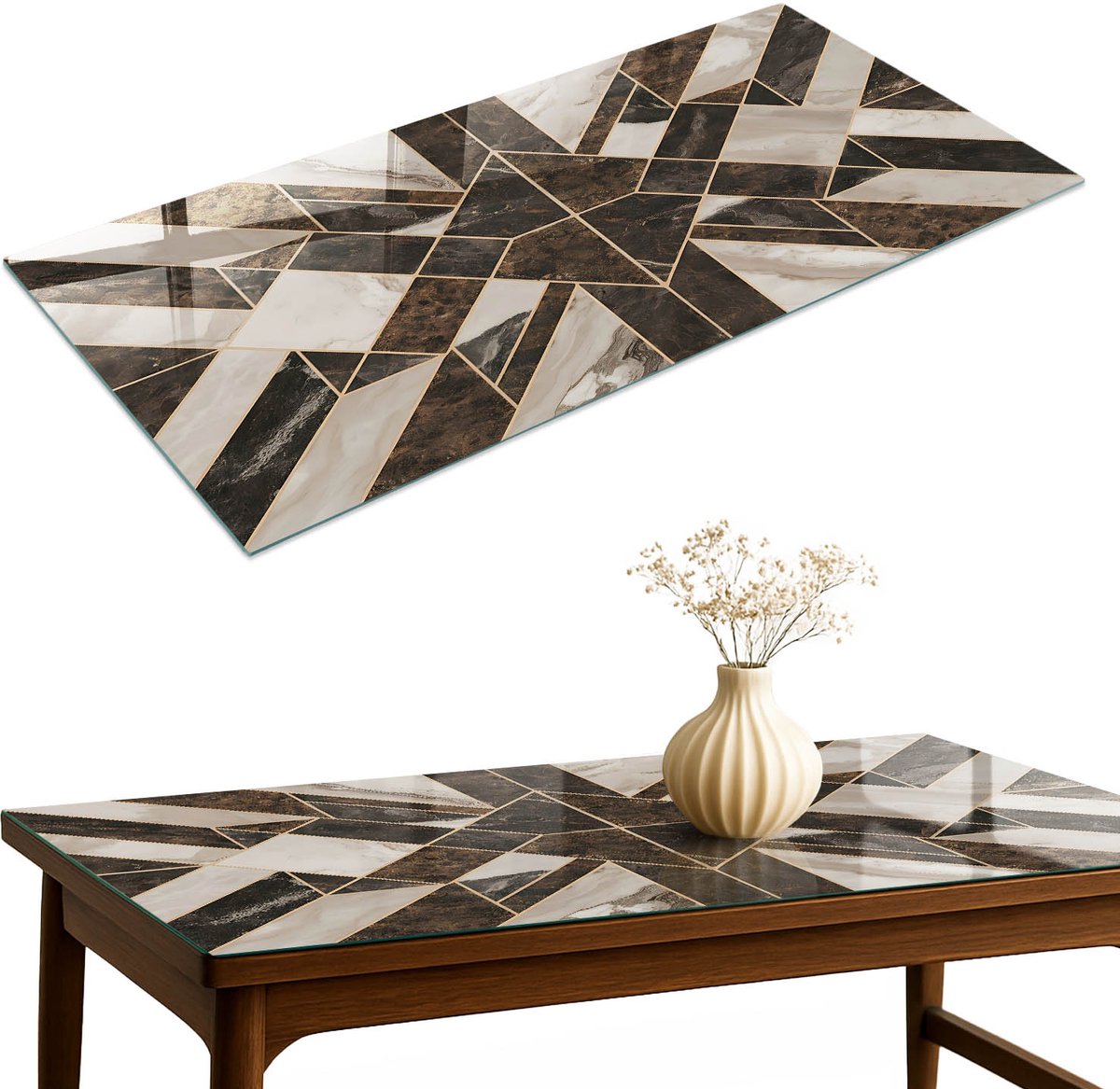 ArtPrintCave Stijlvol mozaïek Glazen Tafelblad 120x60 cm - Tafelblad Rechthoek - Bruin Glazen Eettafel - Geometrie Glazen Eettafel