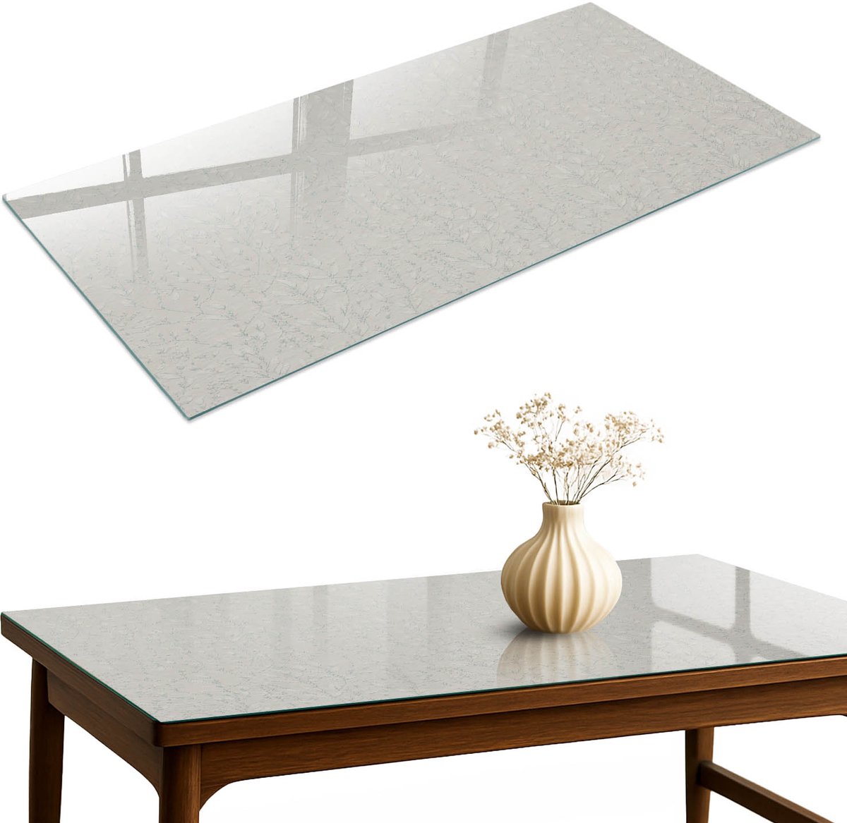 ArtPrintCave Plantenharmonie Glazen Tafelblad 120x60 cm - Tafelblad Rechthoek - Wit Keukentafel - Bloemen en planten Terrastafel