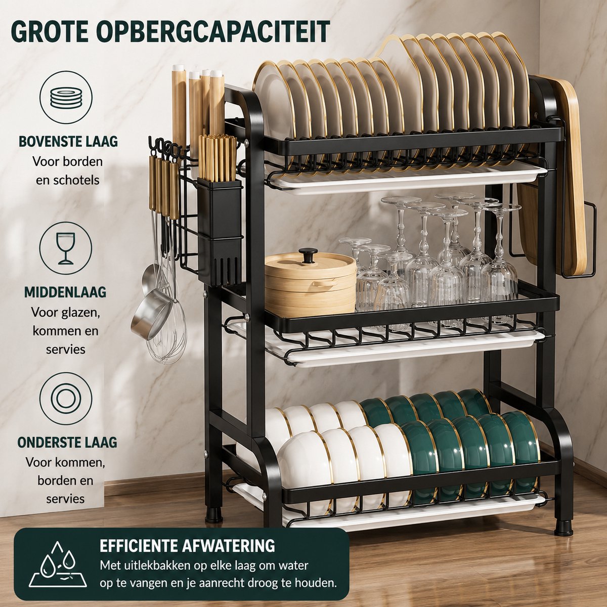 Afdruiprek - 3-laags carbonstalen afdruiprek met afdruipblad - bestekhouder & bekerhaken - ruimtebesparend - meerlaags ontwerp voor keukenorganisatie