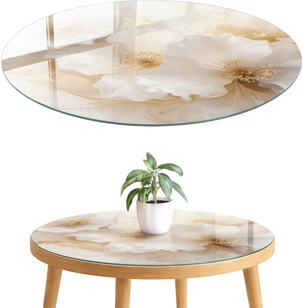 ArtPrintCave Elegante bloemen Glazen Tafelblad fi70 cm - Tafelblad Rond - Romig Tafelblad Glas - Bloemen en planten Tafelblad Glas