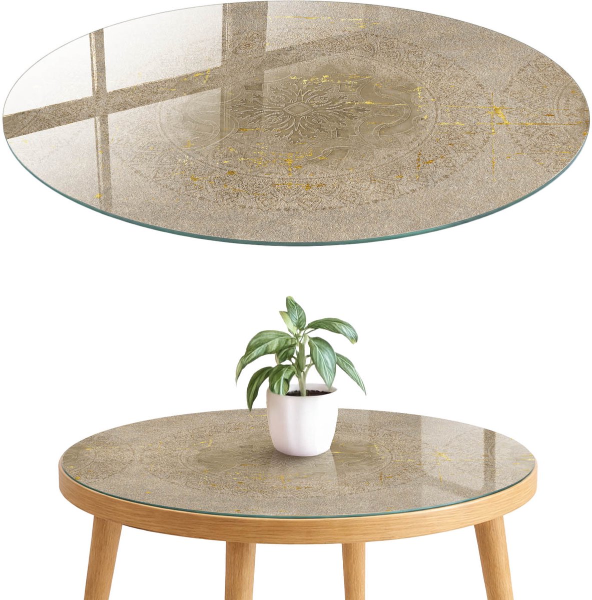 ArtPrintCave Mandala-ornamenten Glazen Tafelblad fi70 cm - Tafelblad Rond - Beige Glazen Eettafel - Achtergronden en patronen Keukentafel