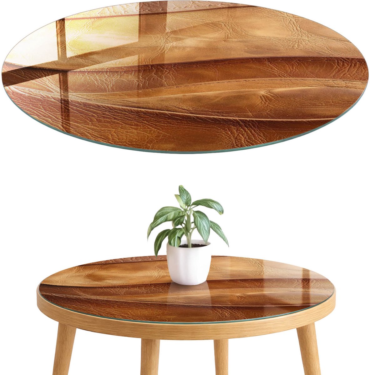ArtPrintCave Leertextuur Glazen Tafelblad fi70 cm - Tafelblad Rond - Bruin Glasplaat - Texturen Eettafel Met Glasplaat